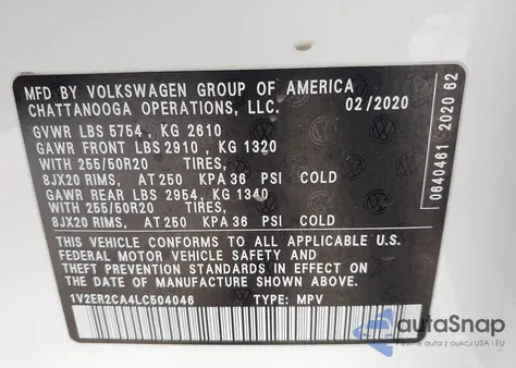 2020 Volkswagen Atlas 3.6L V6 Sel z USA, uszkodzony, nr VIN 1V2ER2CA4LC504046
